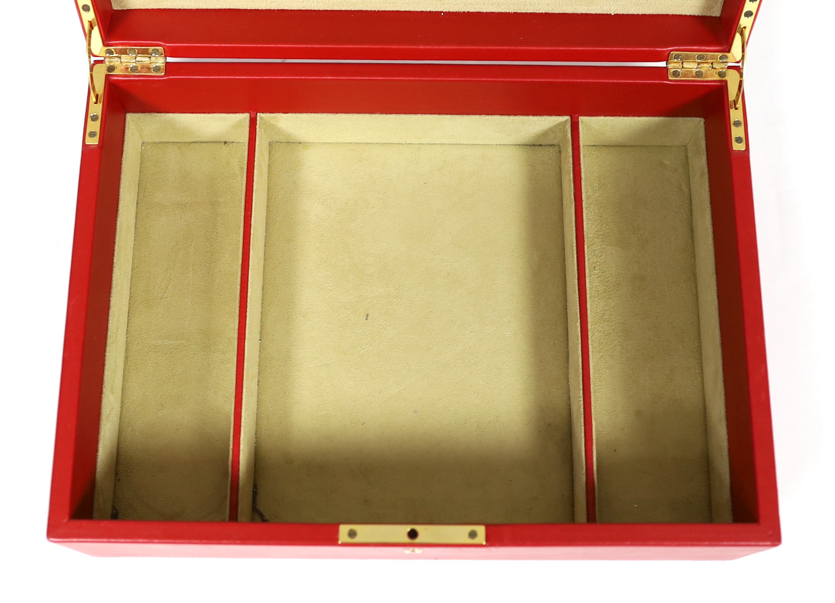 A Fabergé cased red leather jewellery box, width 33cm